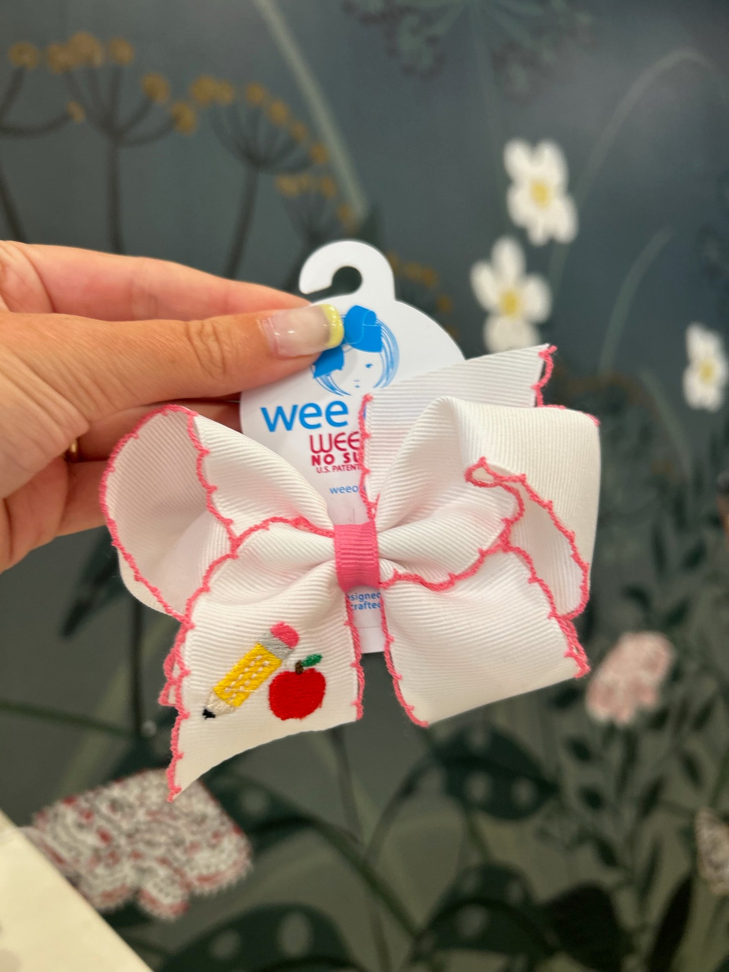 Pencil & Apple Embroidered Moonstitch Grosgrain Hair Bow
