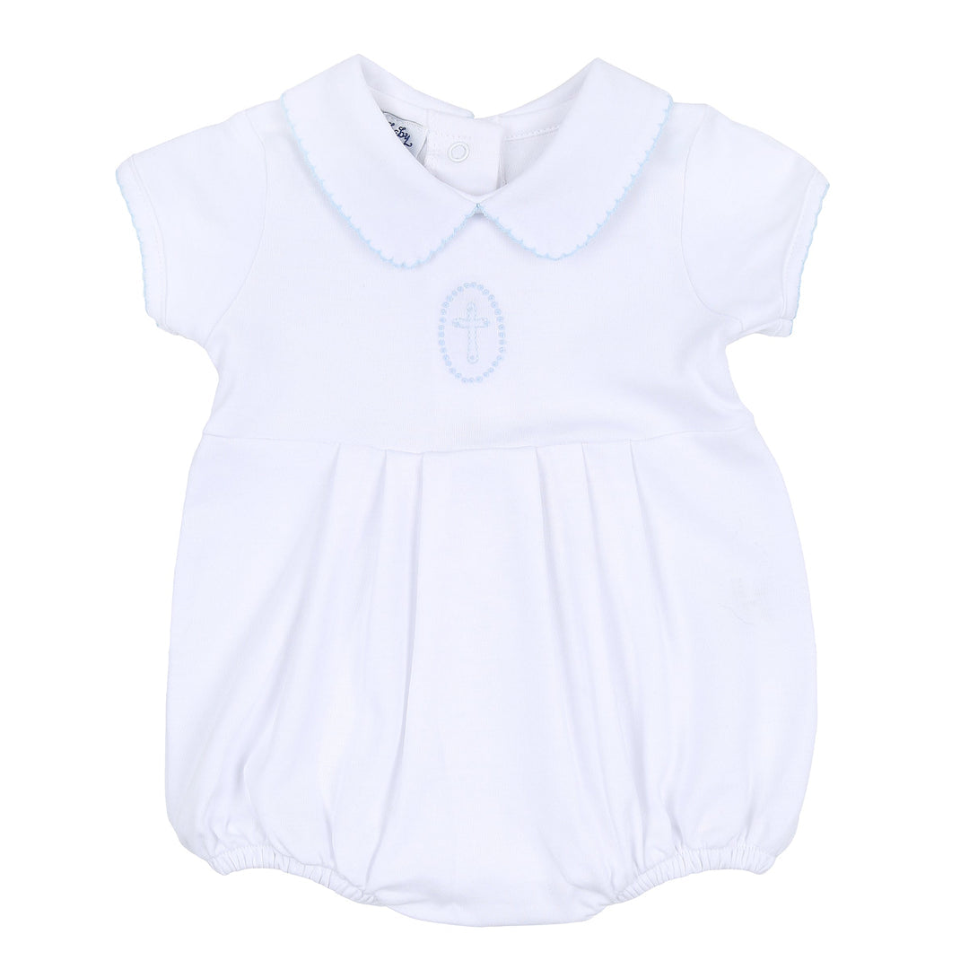 Blessed Blue Embroidered Short Sleeve Collared Bubble