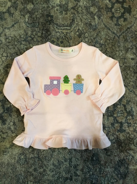 Girls Christmas Train Ruffle Sleeve Top