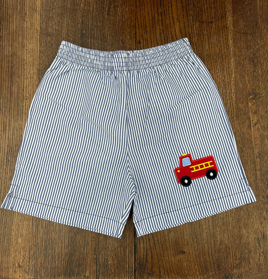 Firetruck Appliqué Blue Striped Shorts