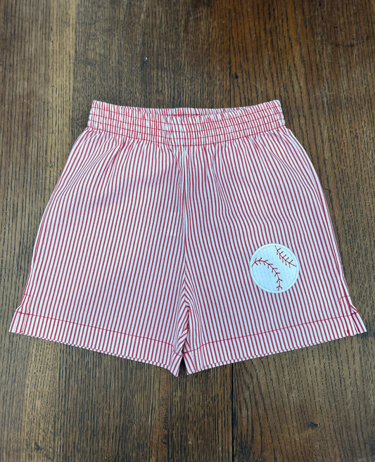 Baseball Appliqué Red Striped Shorts