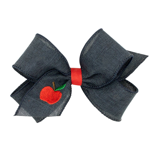 Apple Embroidered Navy Linen Bow