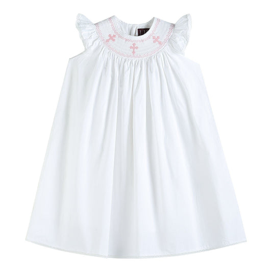 White Cross Bishop Dress With Pink Thread