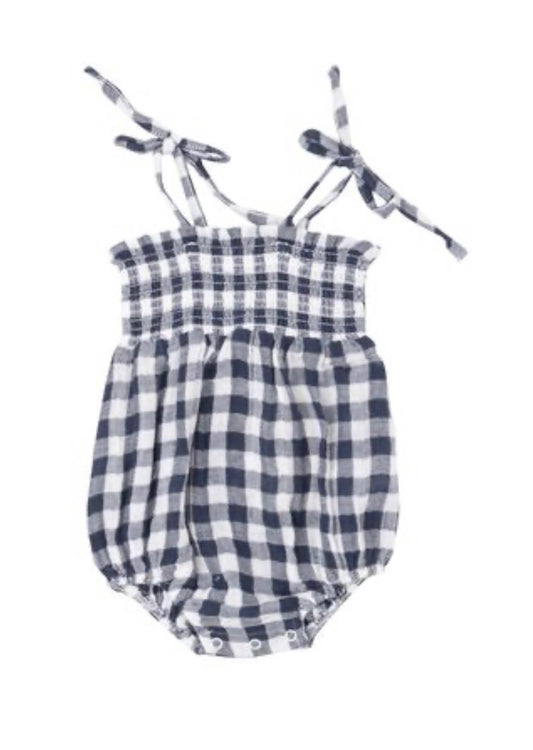 Navy Gingham Tie Strap Smocked Bubble
