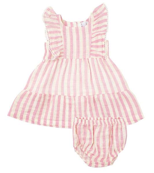 Pink Stripe Picot Edged Dress & Diaper Cover