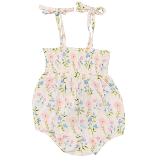 Simple Pretty Floral Tie Strap Smocked Bubble