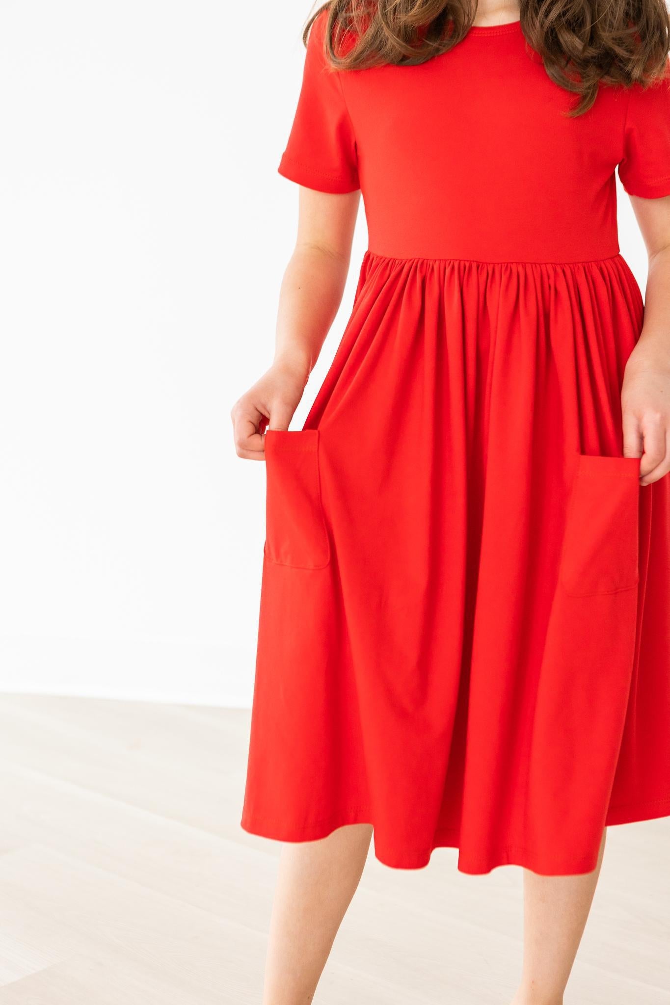 Red Short Sleeve Twirl Dress with Pockets