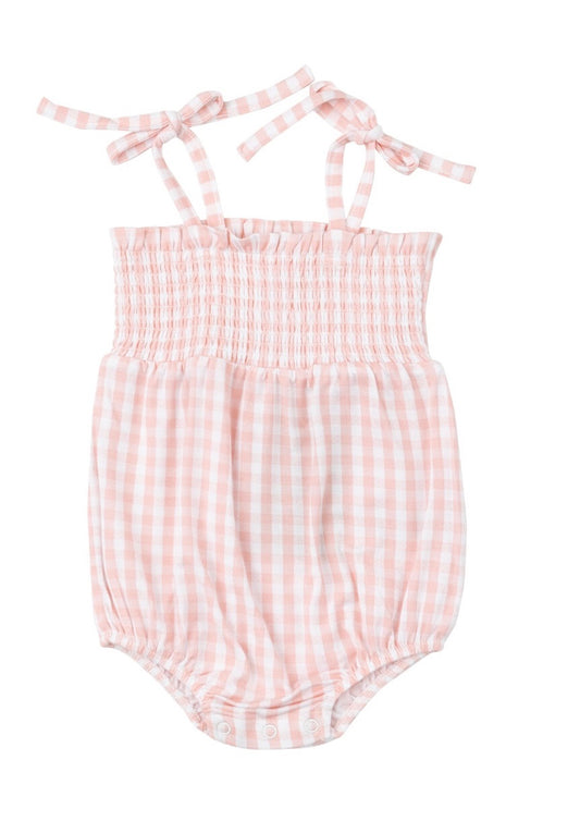 Pink Gingham Tie Strap Smocked Bubble