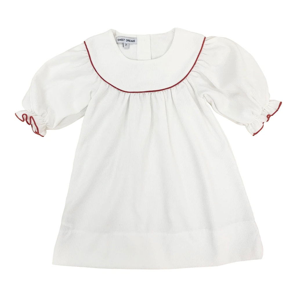 White Corduroy Red Trim Dress