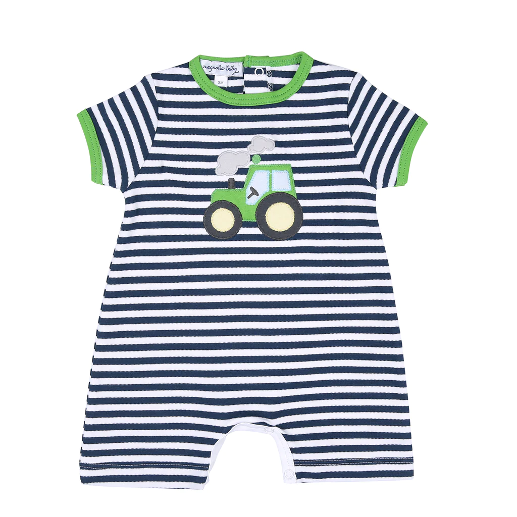 Green Tractor Appliqué Short Playsuit – Cottontails Children’s Boutique