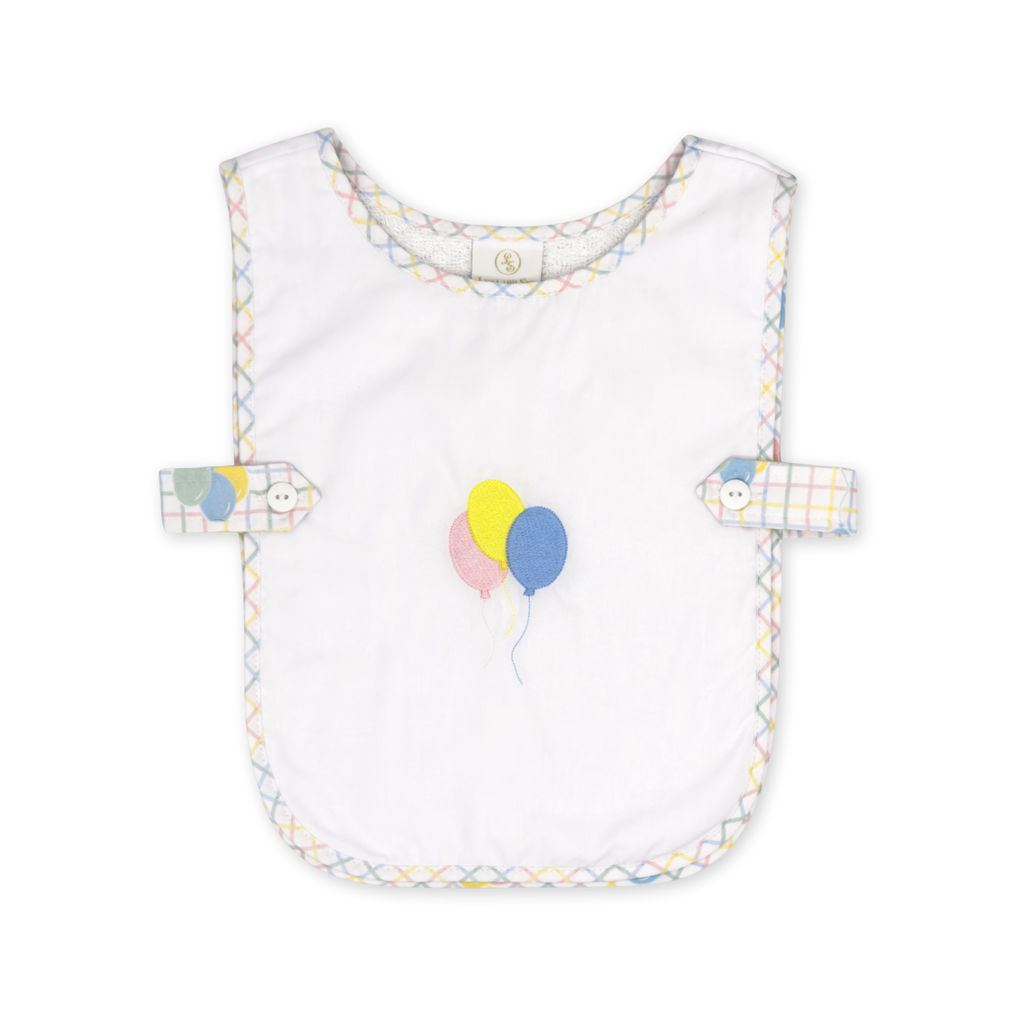 Party Time Plaid Birthday Celebration Bib, Pink/Yellow/Blue Balloons