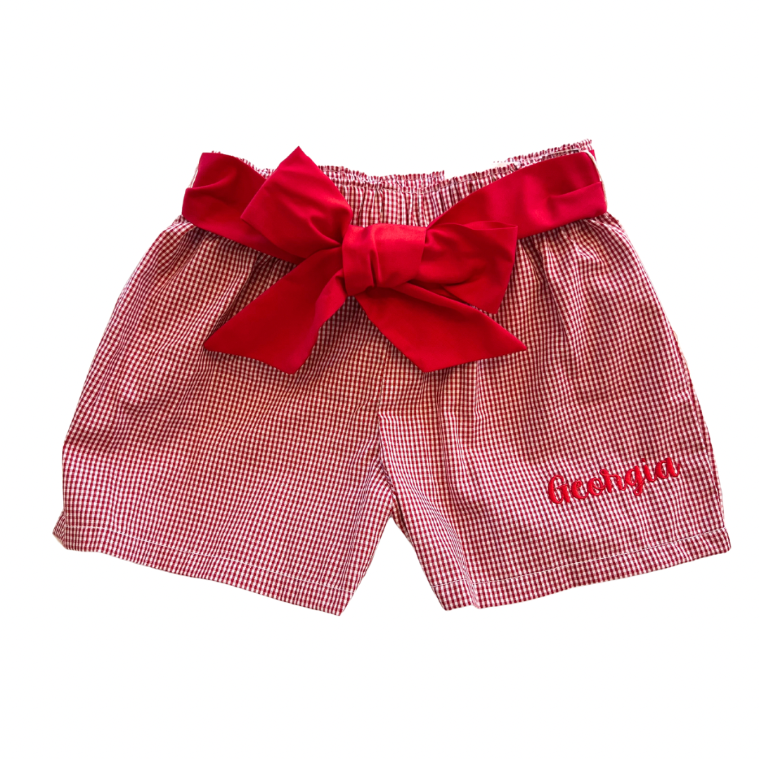 Georgia Embroidered Red Gingham Shorts with Sash