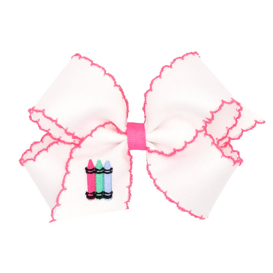 Pencil & Apple Embroidered Moonstitch Grosgrain Hair Bow