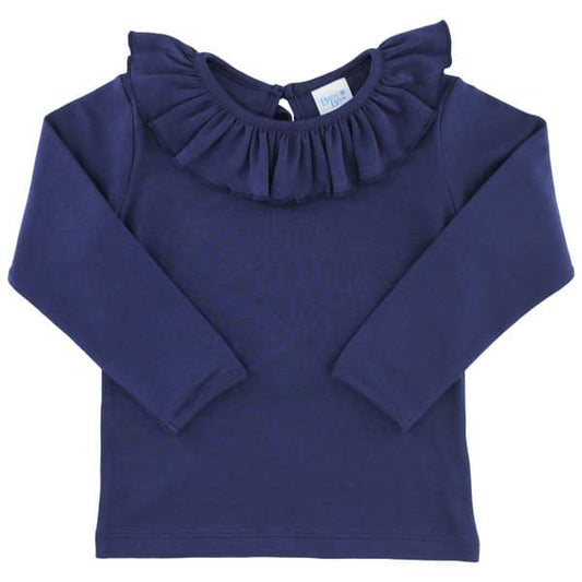 Long Sleeve Ruffle Neck Top - Navy