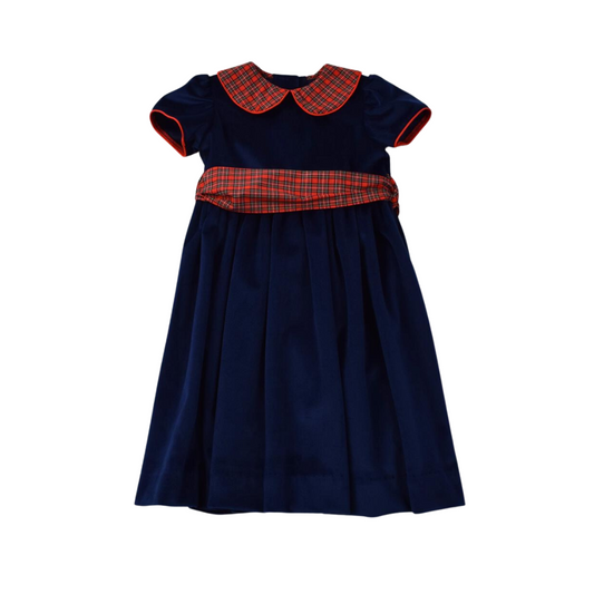 Navy Velvet Waistline Dress with Sash