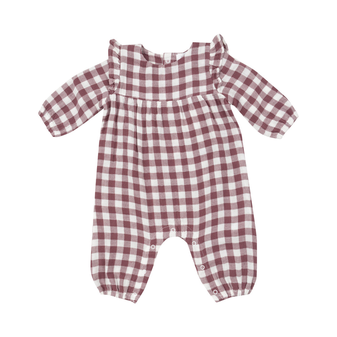 Plum Gingham Ruffle Sleeve Romper