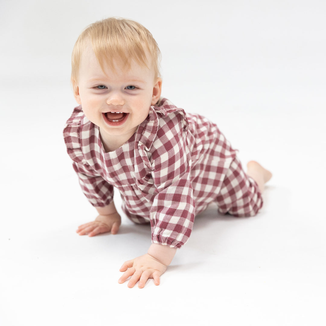 Plum Gingham Ruffle Sleeve Romper