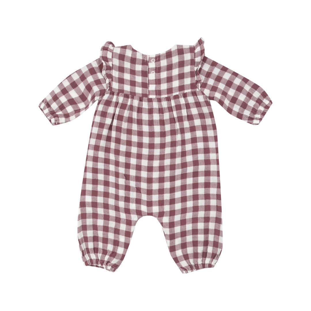 Plum Gingham Ruffle Sleeve Romper