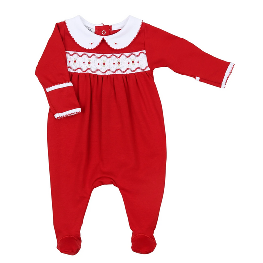 Clara and Caden Girls Red Smocked Collared Footie
