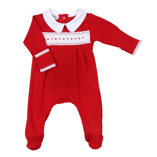 Clara and Caden Boys Red Smocked Collared Footie