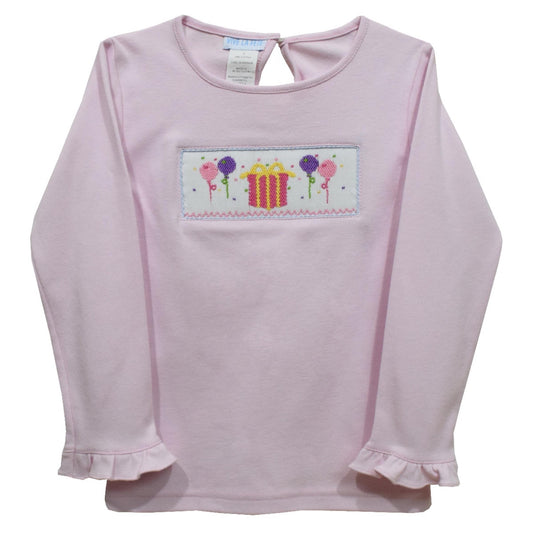 Girls Birthday Balloons Smocked Light Pink Ruffle Long Sleeve T-shirt