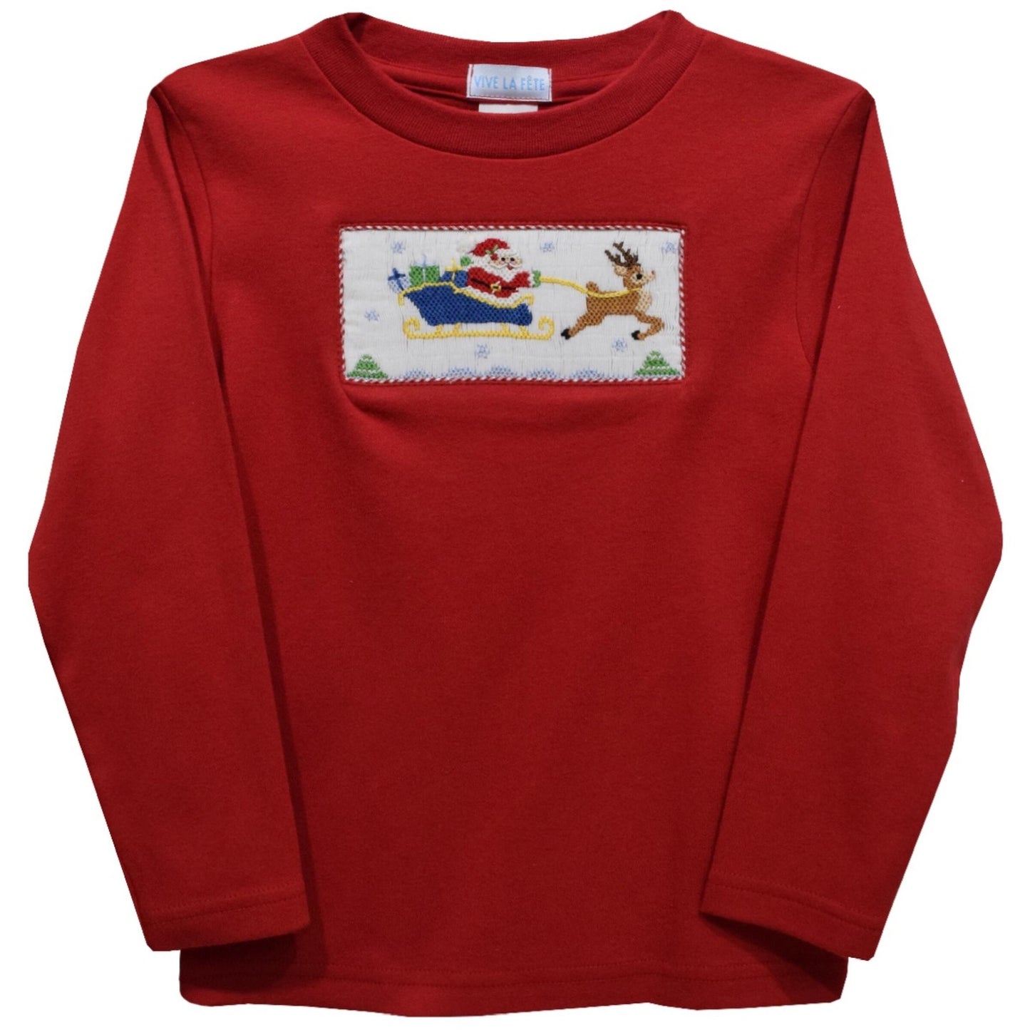Santa Sleigh Smocked Red Long Sleeve T-Shirt
