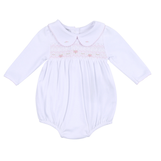 Alice & Andrew Pink Smocked Collared Short Sleeve Girl Bubble