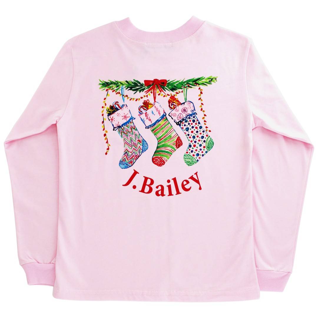 Christmas Stockings Pink Long Sleeve Logo T-shirt