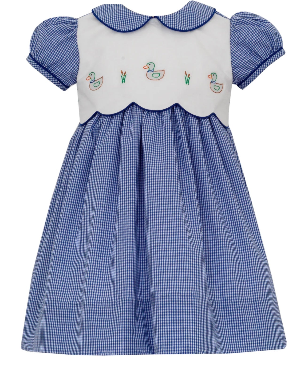 Blue Gingham Scallop Front Embroidered Duck Dress
