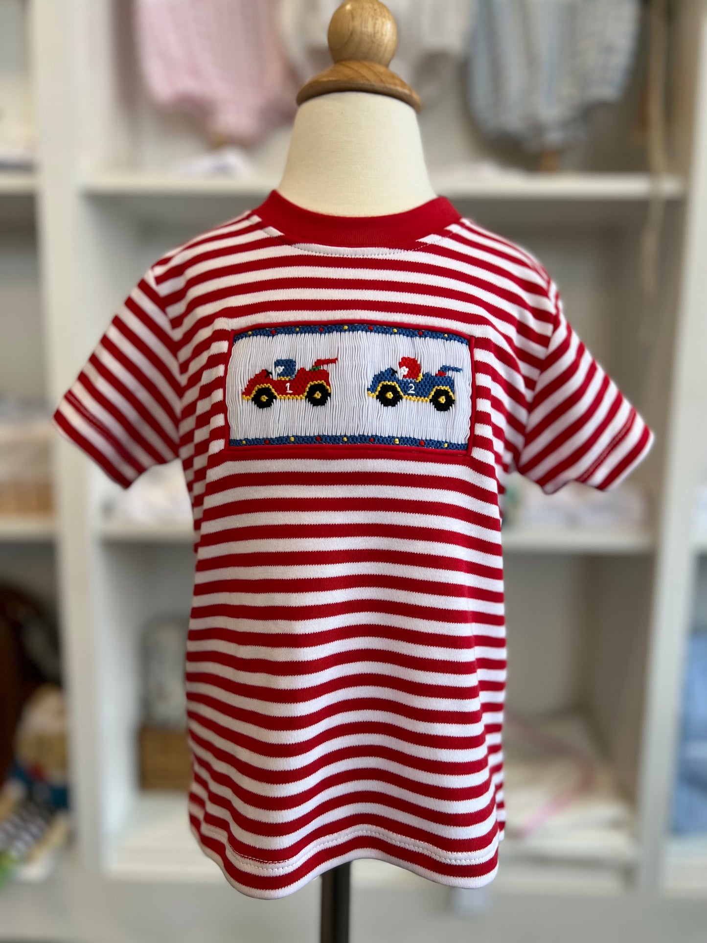 Race Cars Red Stipe Smocked Boys Short Sleeve Shirt