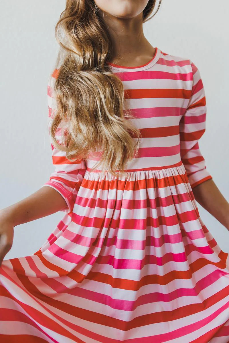 Red and Pink Striped Twirl Dress