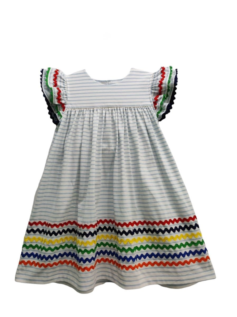 Blue Stripe Ric Rac Short Sleeve Dress