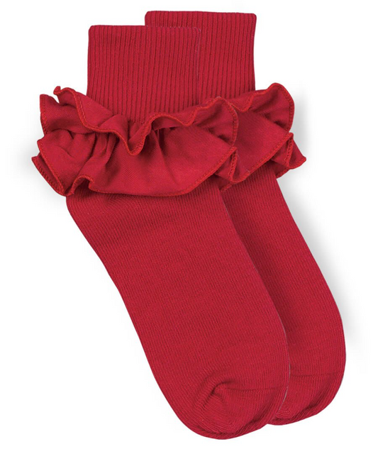 Ruffle Lace Turn Cuff Socks - Red, White, Navy