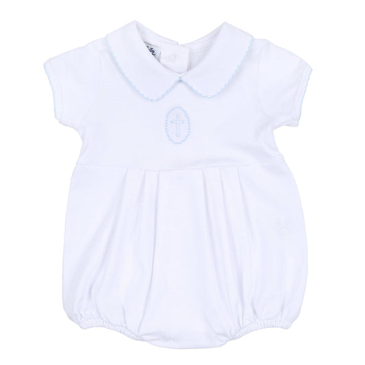 Blessed Blue Embroidered Short Sleeve Collared Bubble