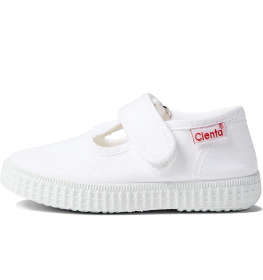 Cienta White Velcro Canvas T-Strap Shoes